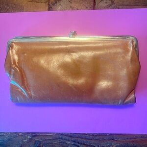 HOBO wallet, Carmel tan leather, silver hardware w/ turquoise paisley print